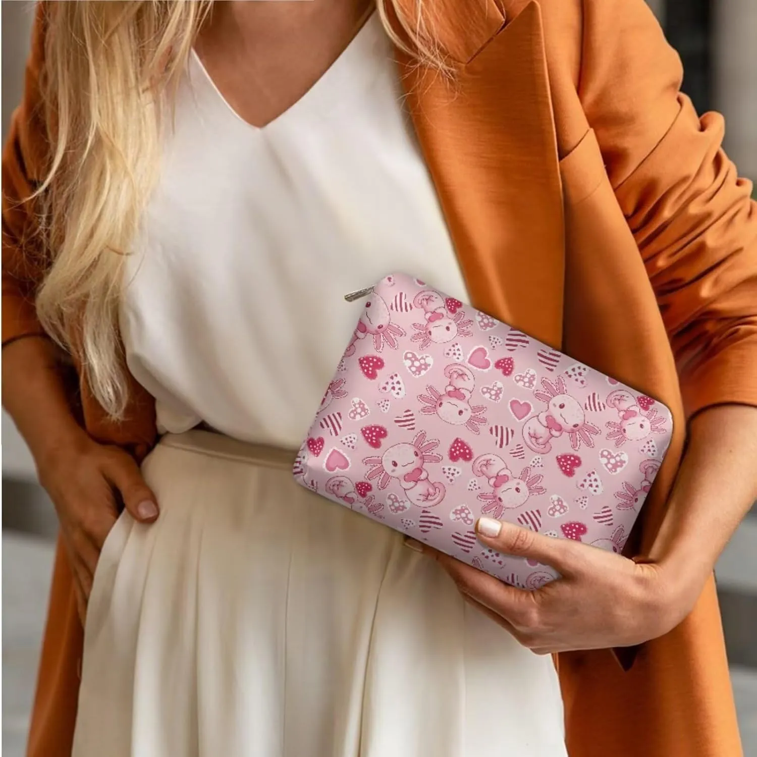 Axolotl Cute Travel Makeup Bag Cosmetic Bag Pouch Gifts for Women Love Heart Valentine's Day Cosmetic Organizer Stylish Womens 3 Pack Wash Bags
