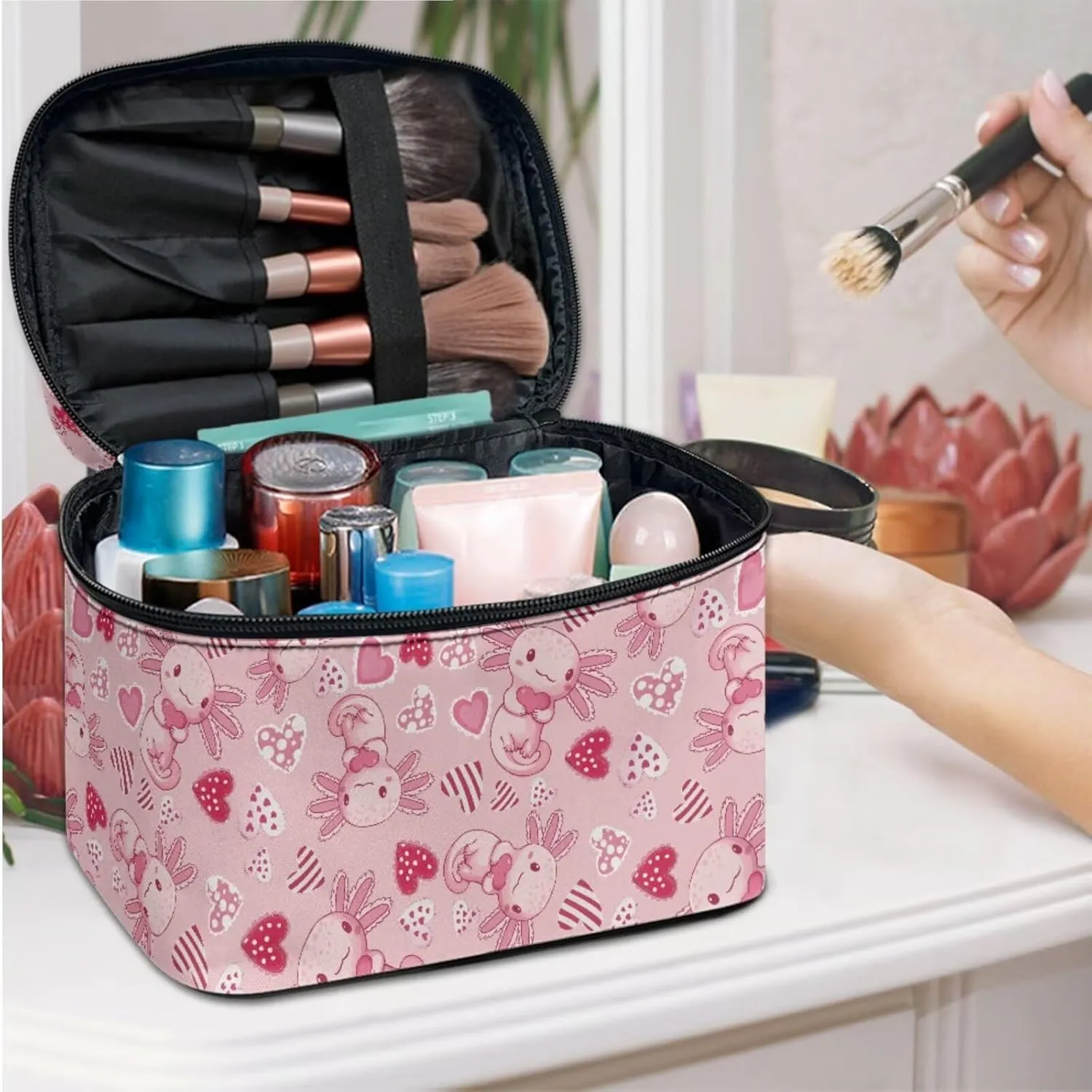 Axolotl Cute Travel Makeup Bag Cosmetic Bag Pouch Gifts for Women Love Heart Valentine's Day Cosmetic Organizer Stylish Womens 3 Pack Wash Bags