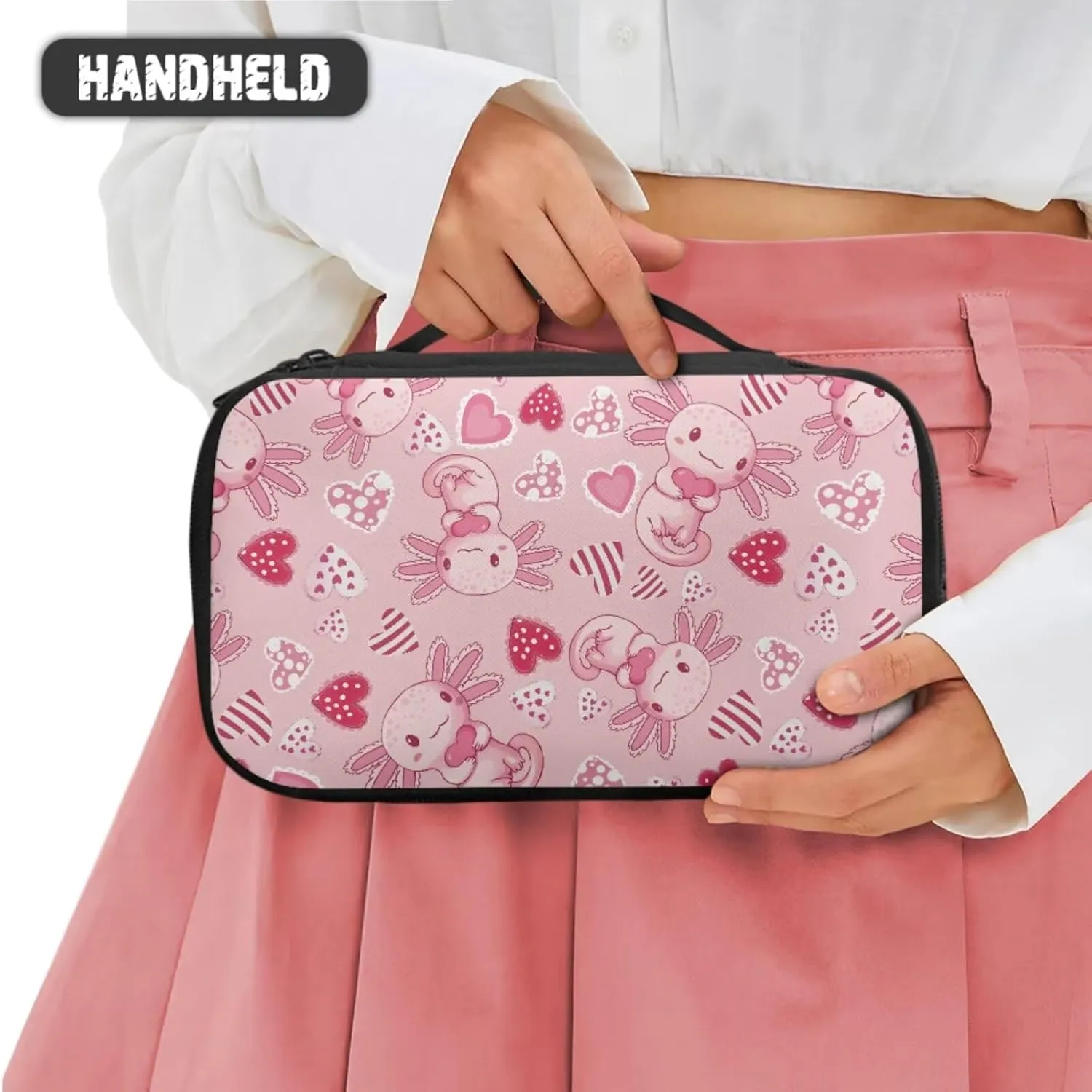 Axolotl Cute Travel Makeup Bag Cosmetic Bag Pouch Gifts for Women Love Heart Valentine's Day Cosmetic Organizer Stylish Womens 3 Pack Wash Bags