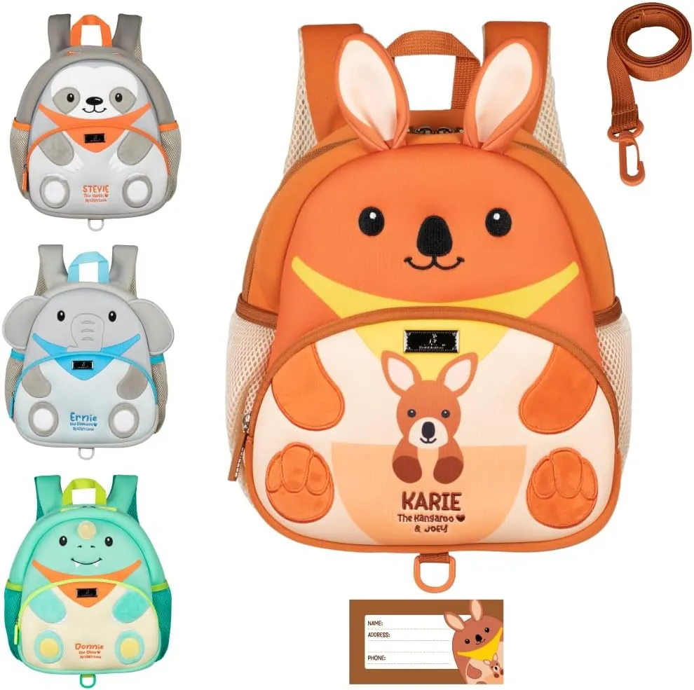 BabbleRoo Toddler Backpack, Kids Backpack - Light & Comfortable, Water Resistant Neoprene, Bag Leash for Toddlers 1-3, Reflective Strips for Visibility, Animal Bag, Karie the Kangaroo