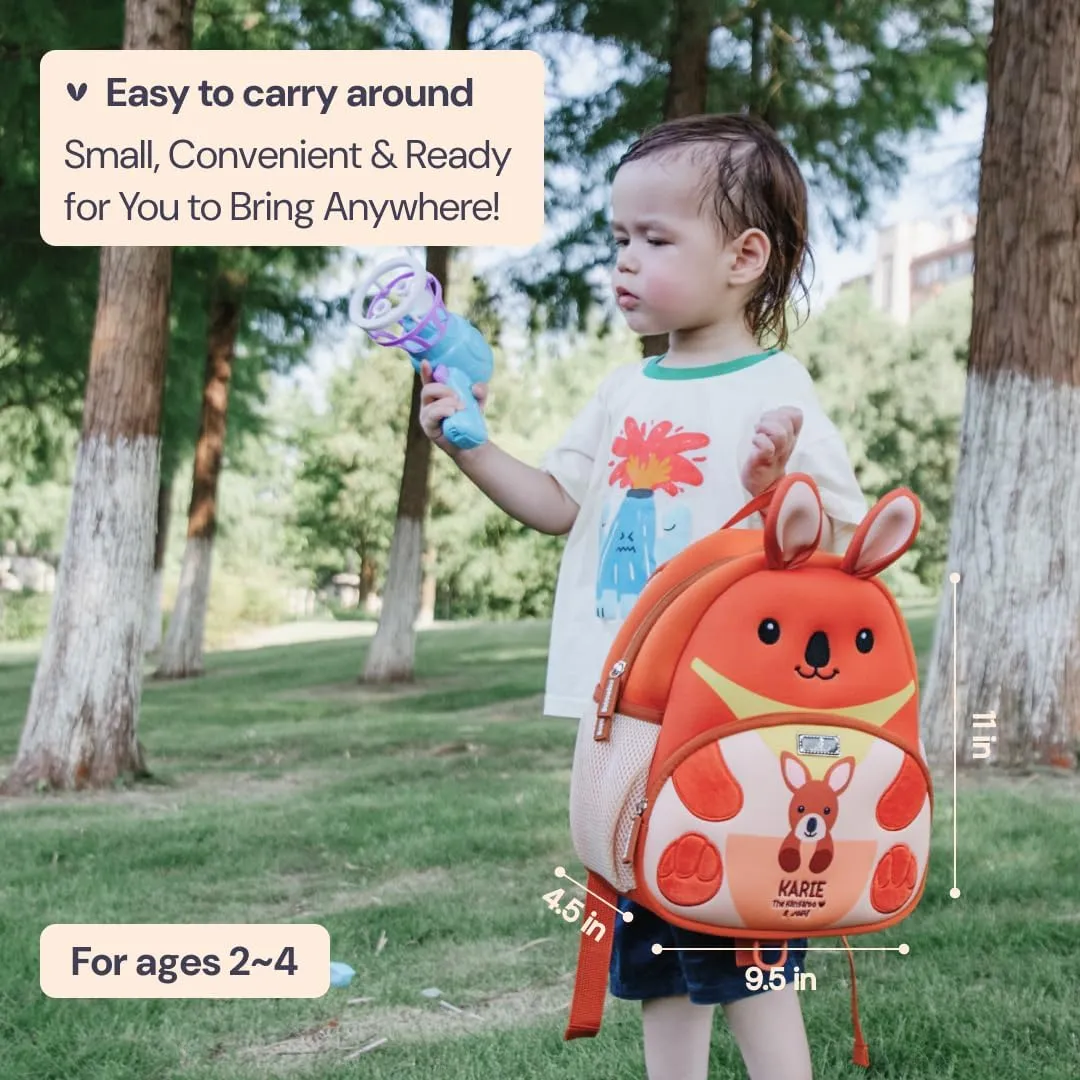 BabbleRoo Toddler Backpack, Kids Backpack - Light & Comfortable, Water Resistant Neoprene, Bag Leash for Toddlers 1-3, Reflective Strips for Visibility, Animal Bag, Karie the Kangaroo