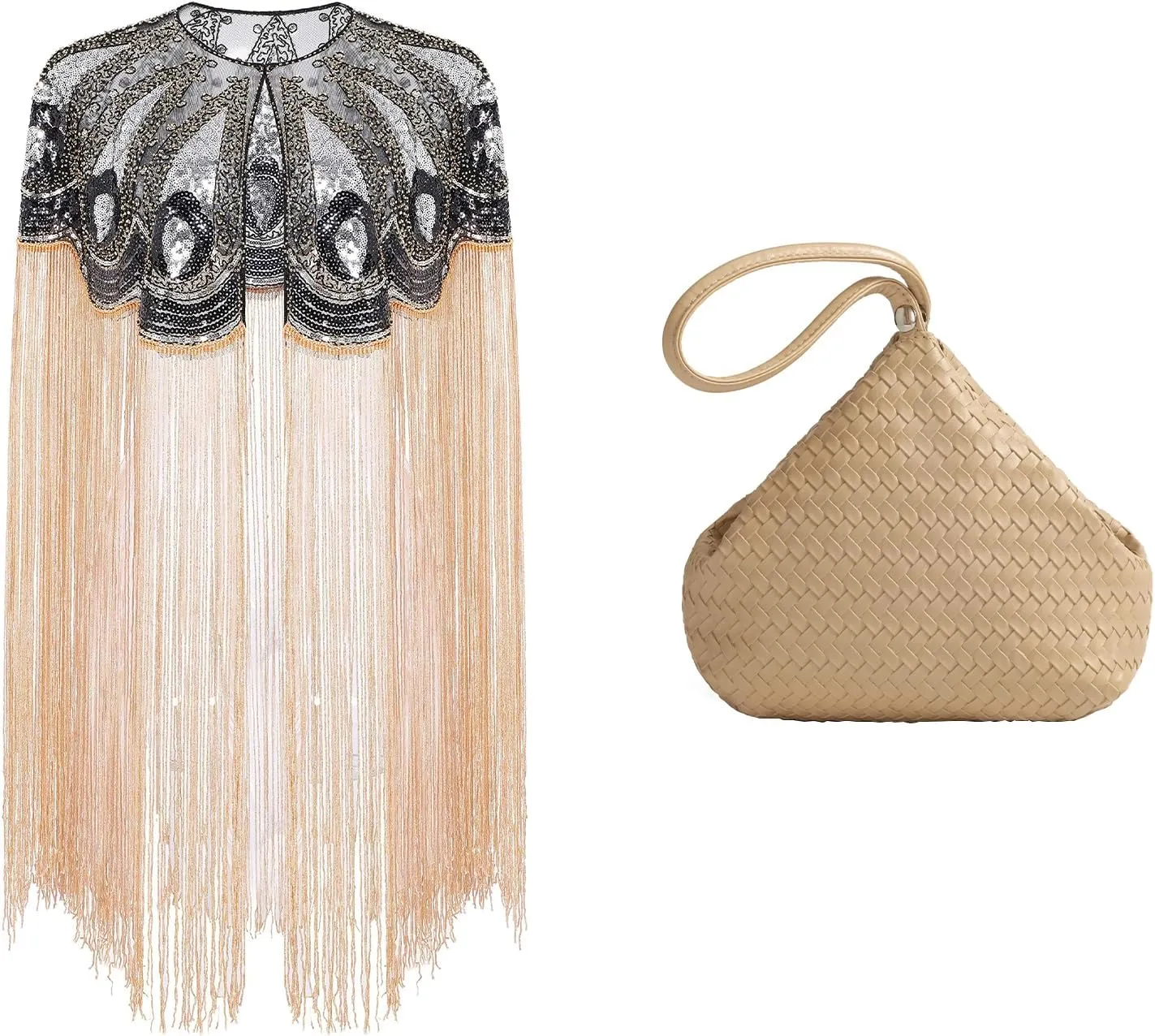 BABEYOND 1920s Shawl Wraps Long Fringed Evening Cape Sequin Beaded Party Shawl Clutch Purses for Women Woven Purse Evening Bags Faux Leather Wristlet Handbag