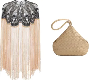 BABEYOND 1920s Shawl Wraps Long Fringed Evening Cape Sequin Beaded Party Shawl Clutch Purses for Women Woven Purse Evening Bags Faux Leather Wristlet Handbag