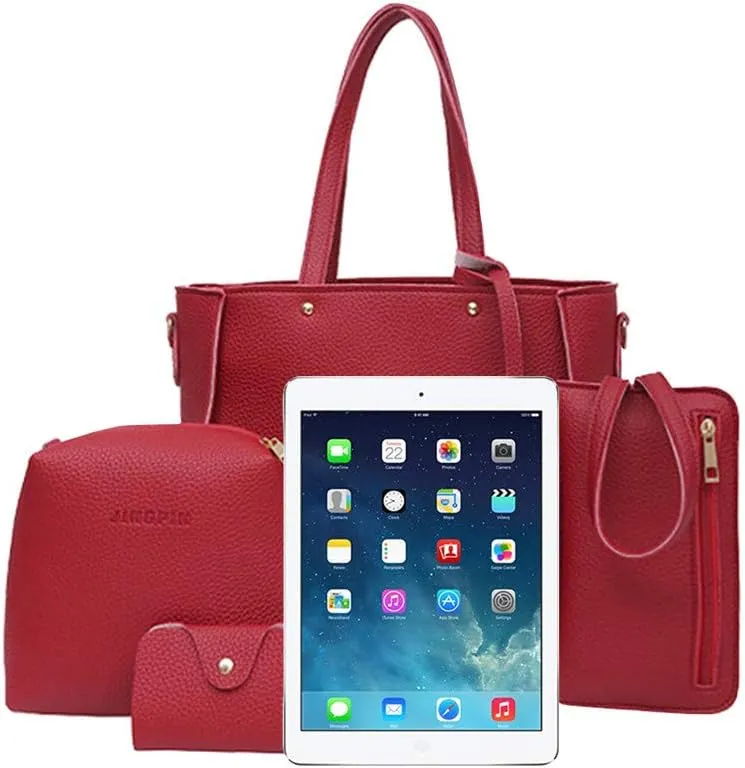 Beach Tote Bag 4 Packet Solid Color Leather Handbags Shoulder Bags Crossbody Hobo Bags Card Purse Work Travel Essential T