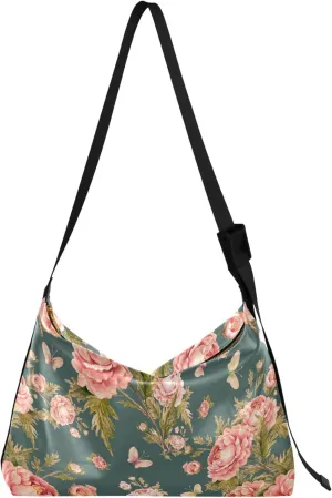Beautiful Pink Rose Soft Leather Handbags Hobo Large Crossbody Purses Trendy Leaf Print Crossbody Hobo Handbag