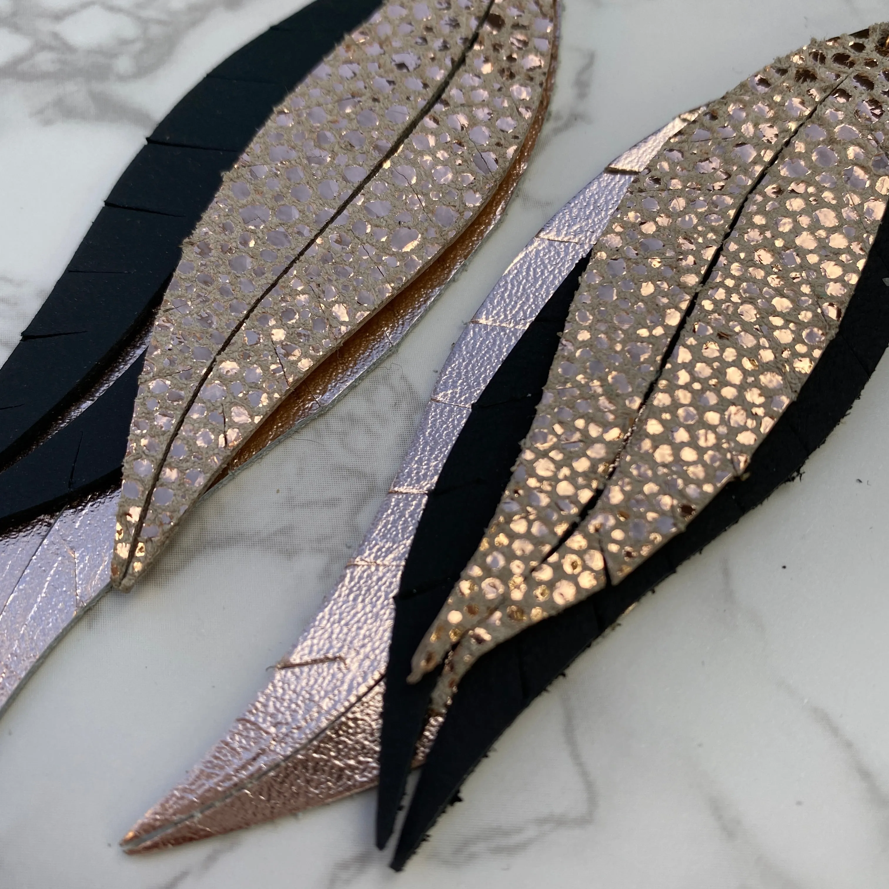 Black and Rose Gold Large Leather Split Feather Earrings