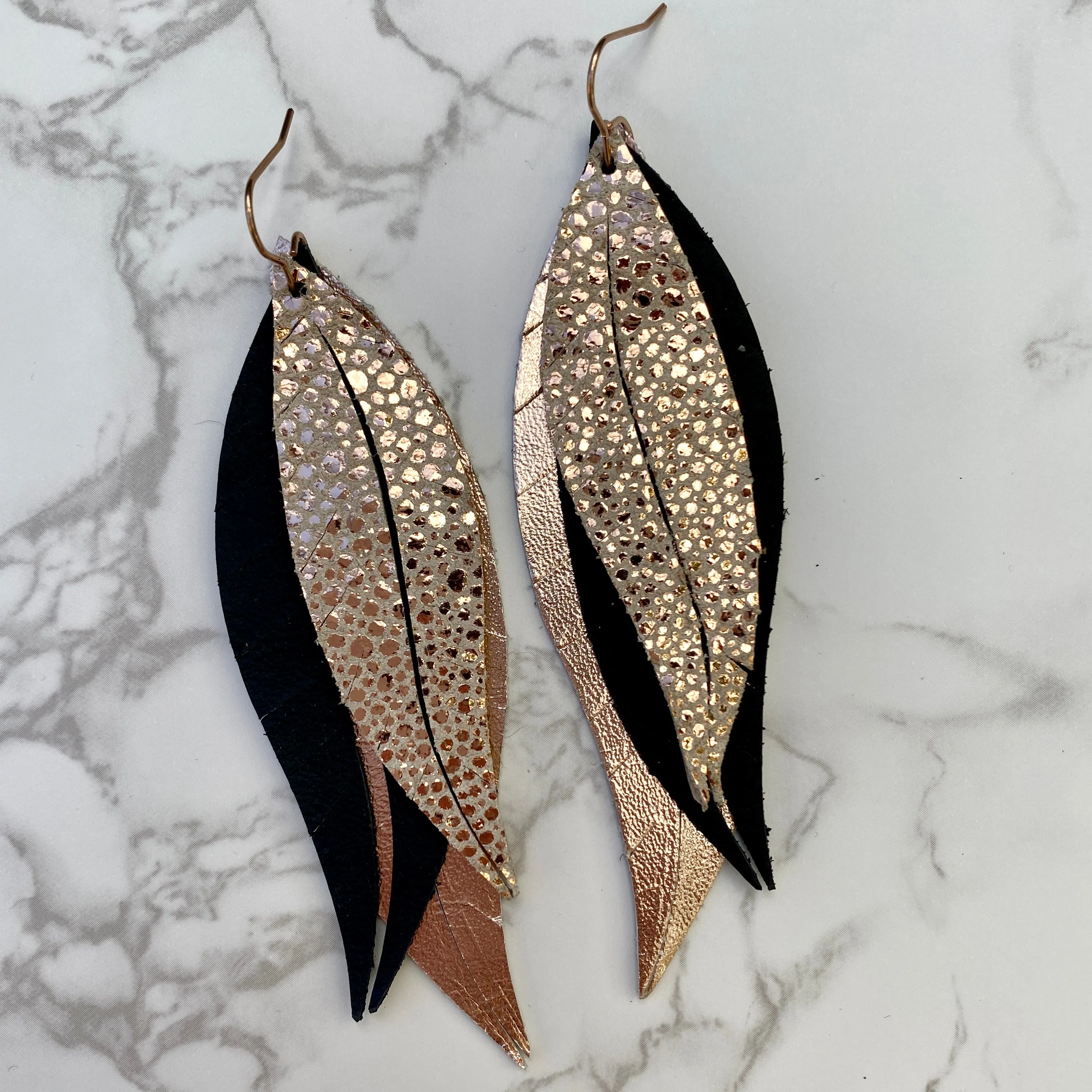 Black and Rose Gold Large Leather Split Feather Earrings