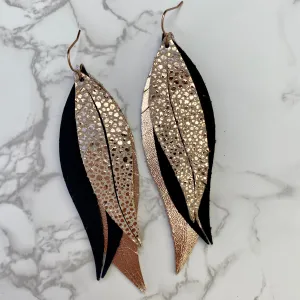 Black and Rose Gold Large Leather Split Feather Earrings