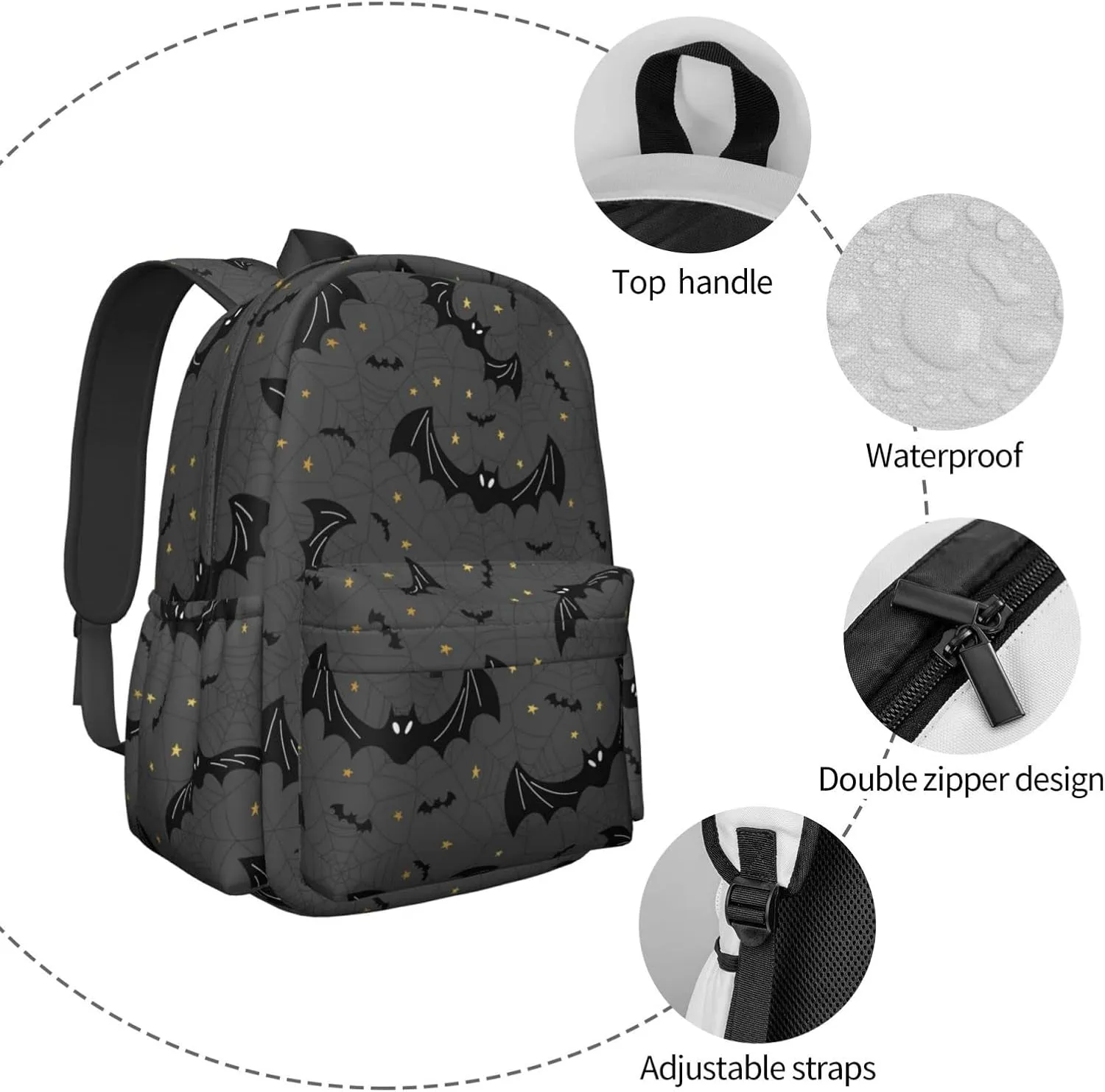 Black Bats Spider Web Large Capacity Backpack Lightweight Personalized Laptop Bag Tablet Travel School Bag with Multiple Pockets