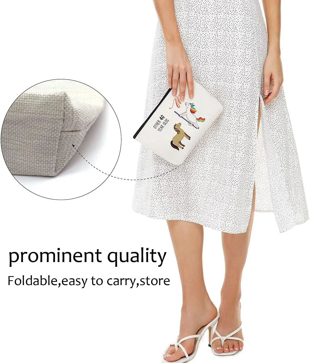 Blue Leaves 40th Birthday Gifts for Women - 1985 Birthday Gifts, 40 Years Old Makeup Bag, Waterproof, Linen, Beige, Zipper Closure, Fashion Pattern, Cosmetic Case