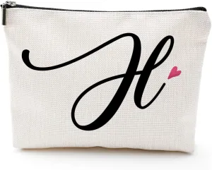 Blue Leaves H Initial Monogram Personalized Travel Makeup Bag,Cosmetic Bag Gifts with Zipper Waterproof(Makeup bag-Letter H)