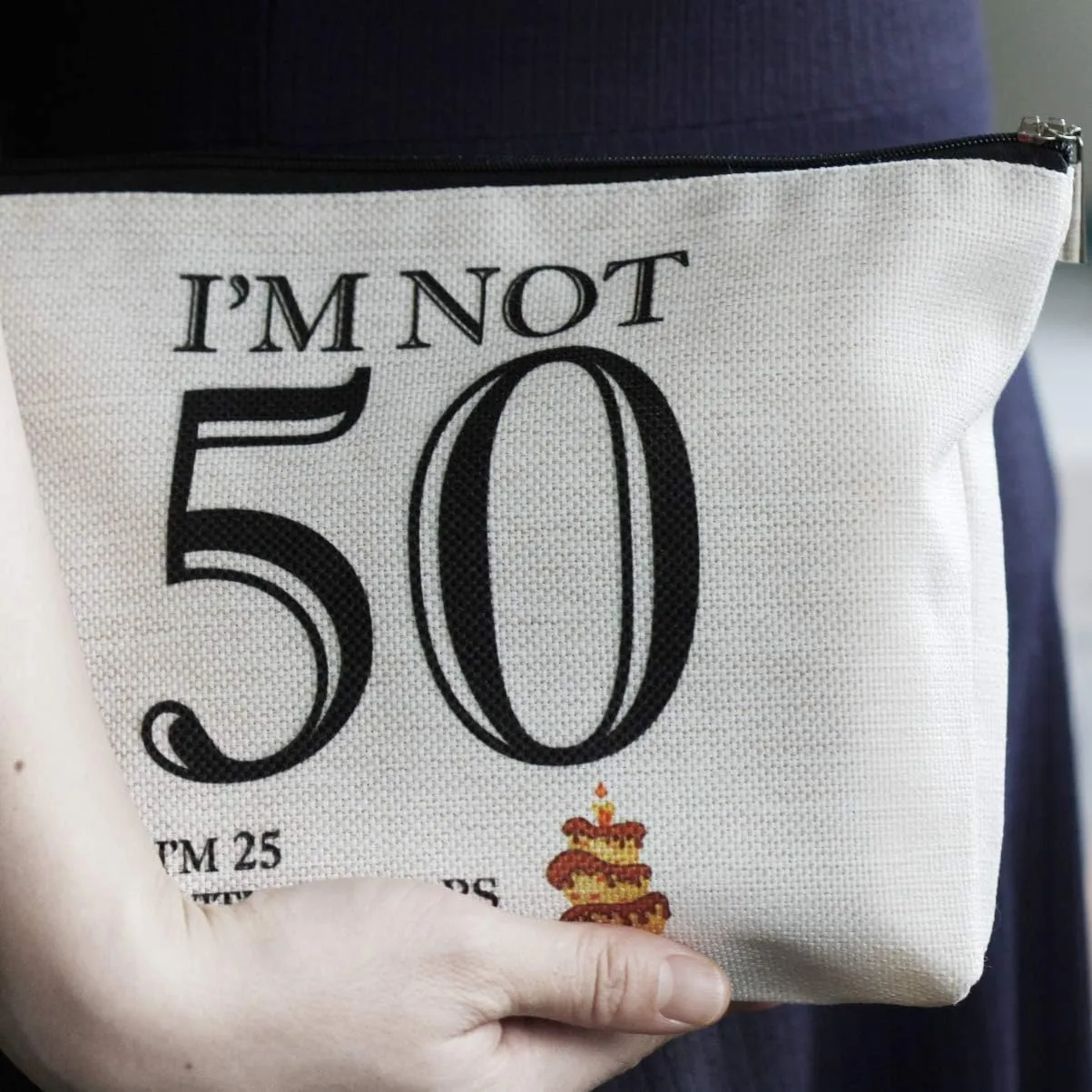 Blue Leaves I'm not 50,50th Birthday Gifts for Women,Boss,Wife,Mother,Daughter Makeup Bag, Milestone Birthday Gift for Her, Presents for Turning Fifty and Fabulous