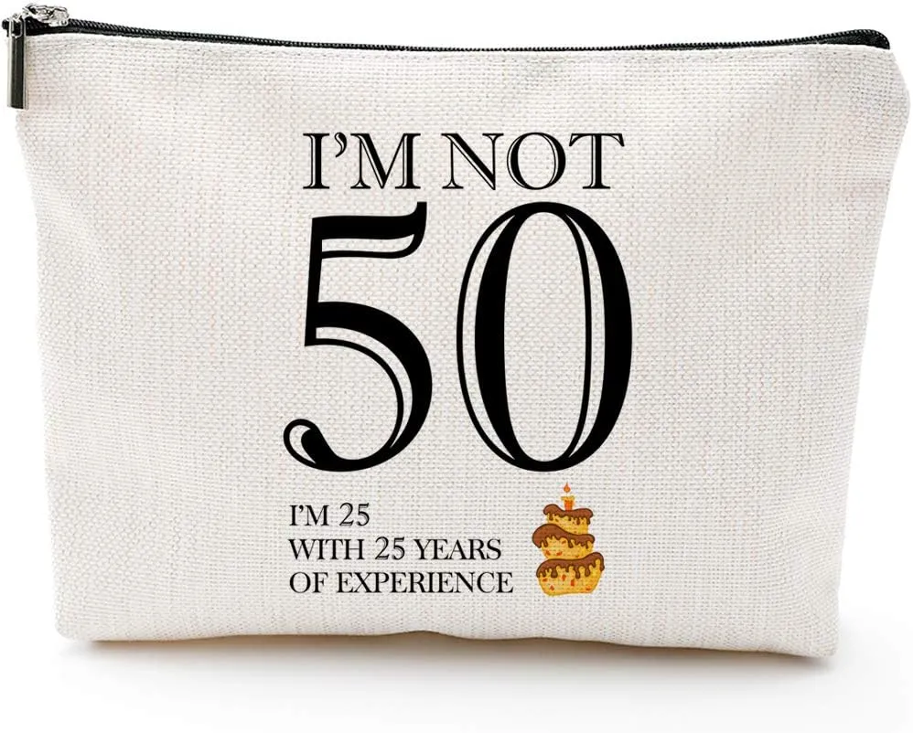 Blue Leaves I'm not 50,50th Birthday Gifts for Women,Boss,Wife,Mother,Daughter Makeup Bag, Milestone Birthday Gift for Her, Presents for Turning Fifty and Fabulous
