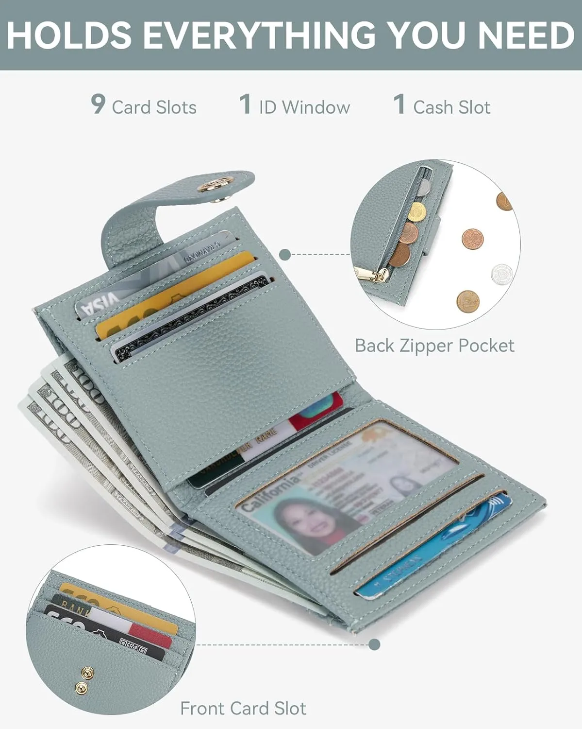 BOSTANTEN Slim Wallet for Women Small RFID Blocking Credit Card Holder Leather Bifold Wallets with Zipper Coin Pocket Light Blue
