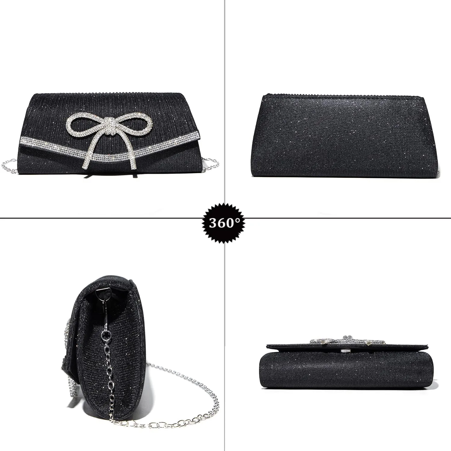 Bow Shiny Clutch Purses for Women Sparkly Evening Handbag Glitter Rhinestone Prom Cross Body Wedding Clutch Bags
