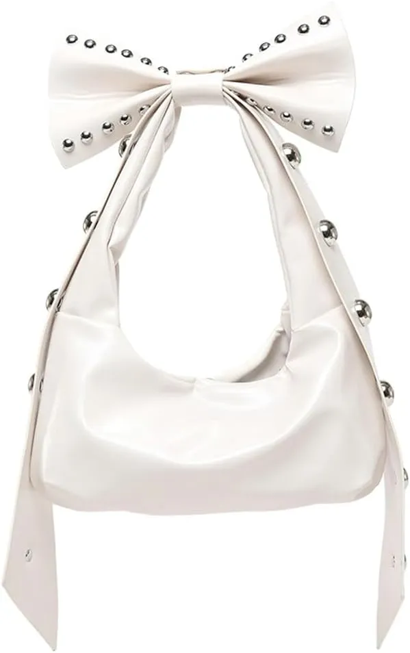 Bow-Tie Hobo Bags Women 2025 Trendy Y2k Rivet Shoulder Bags Bowknot Underarm Handbag Purse for Party Vacation Makeup