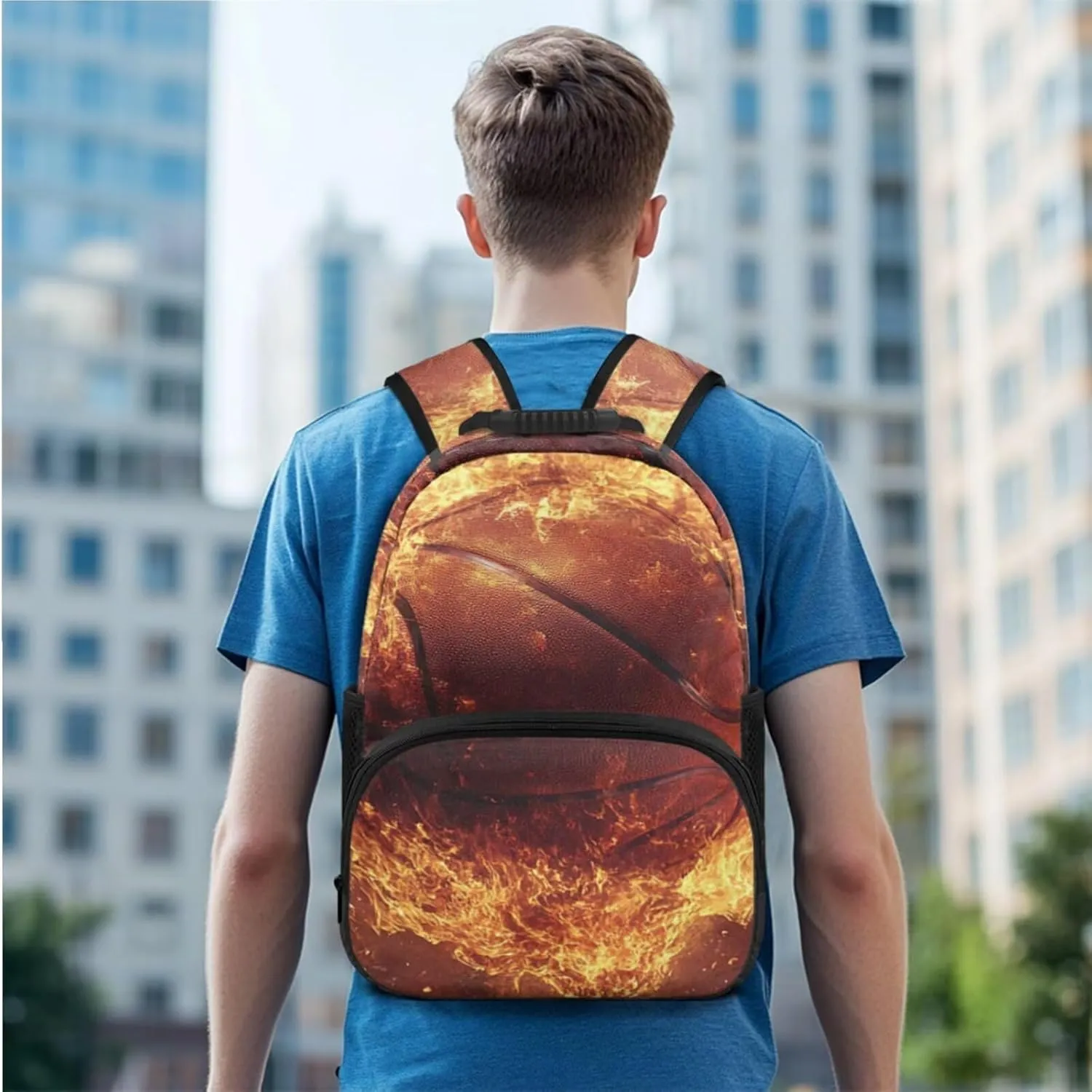Boys Backpack with Lunch Box Basketball Lightweight Flame Decor Boys Bookbag 10-12 Years Old 3 Piece Versatile Kids Lunch Bags Insulated Ideal for Camping