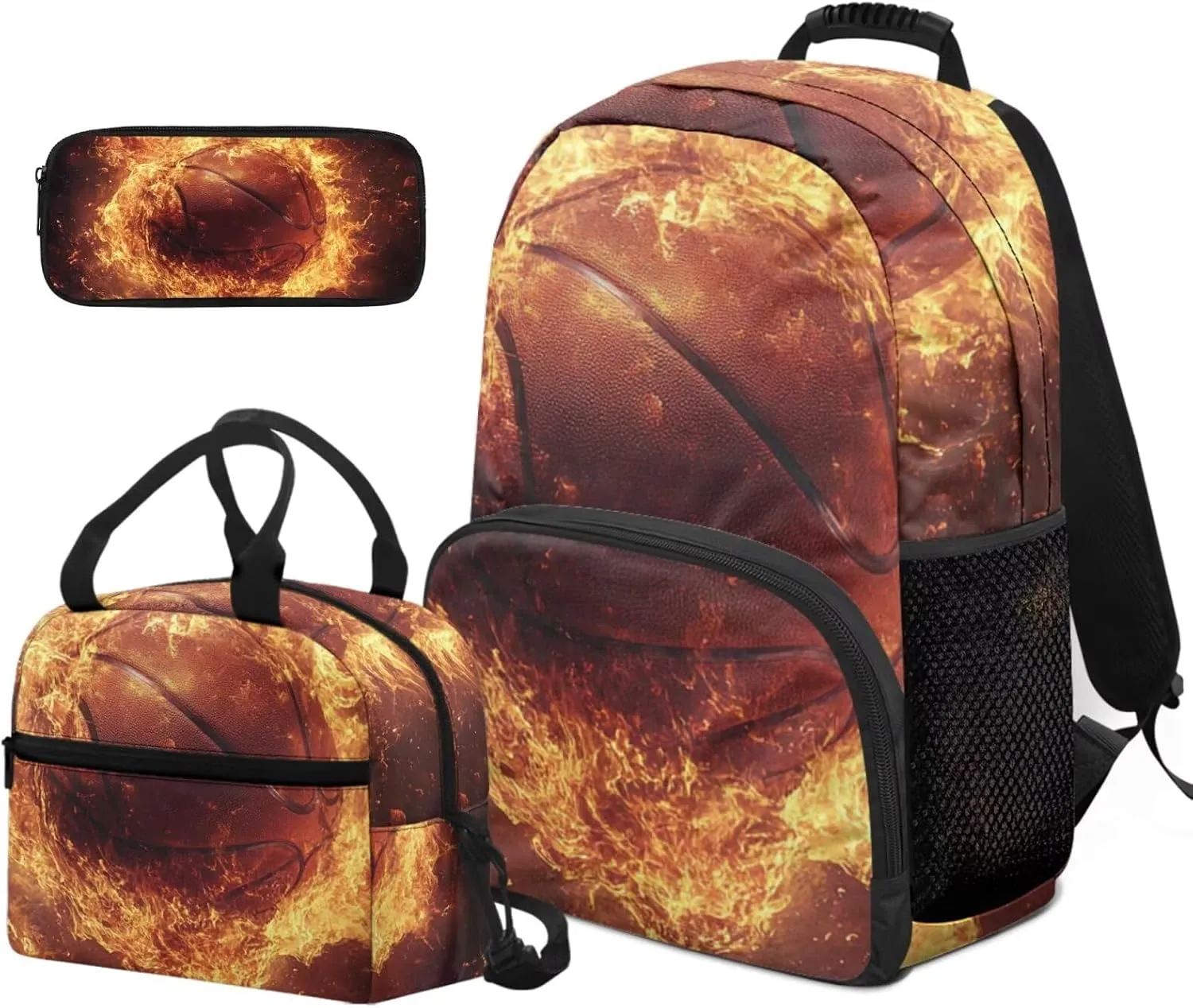 Boys Backpack with Lunch Box Basketball Lightweight Flame Decor Boys Bookbag 10-12 Years Old 3 Piece Versatile Kids Lunch Bags Insulated Ideal for Camping