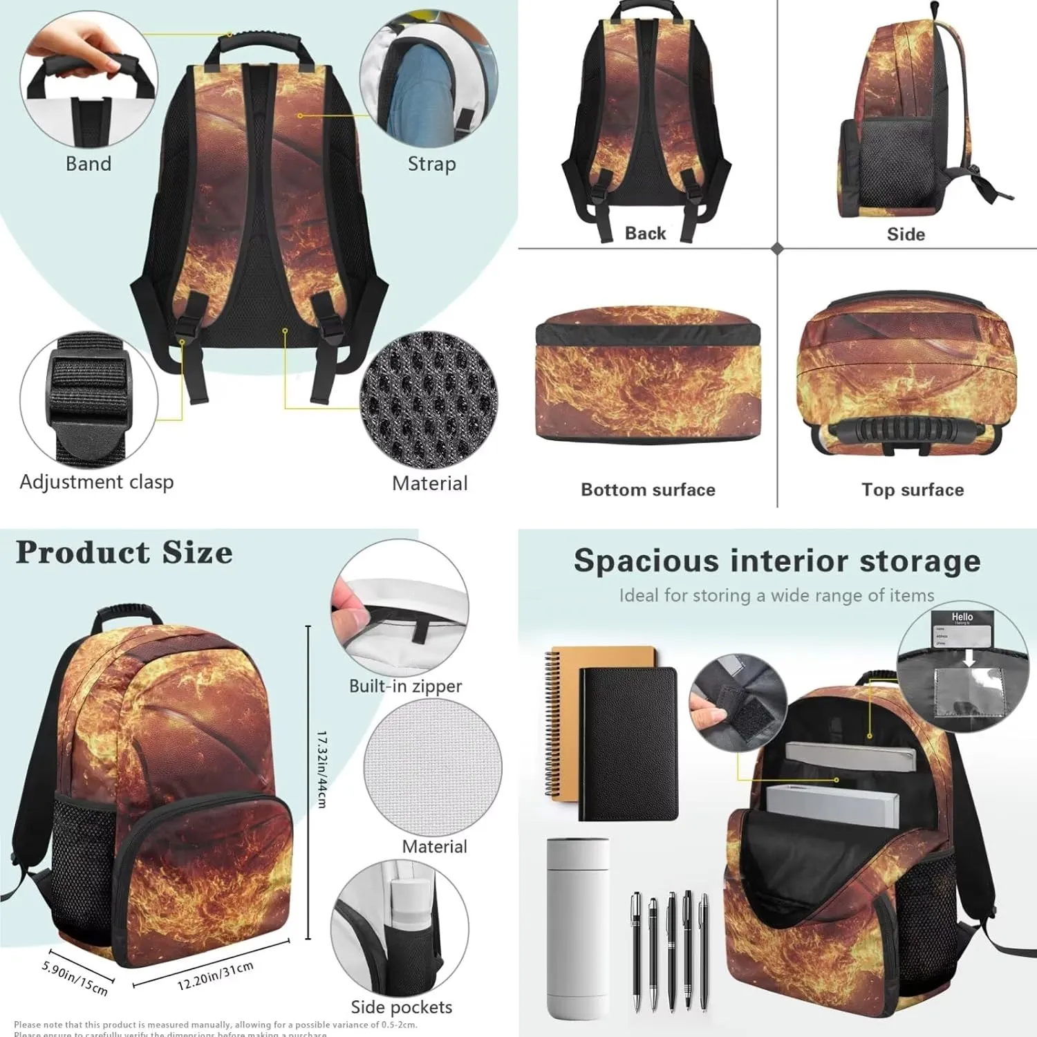 Boys Backpack with Lunch Box Basketball Lightweight Flame Decor Boys Bookbag 10-12 Years Old 3 Piece Versatile Kids Lunch Bags Insulated Ideal for Camping