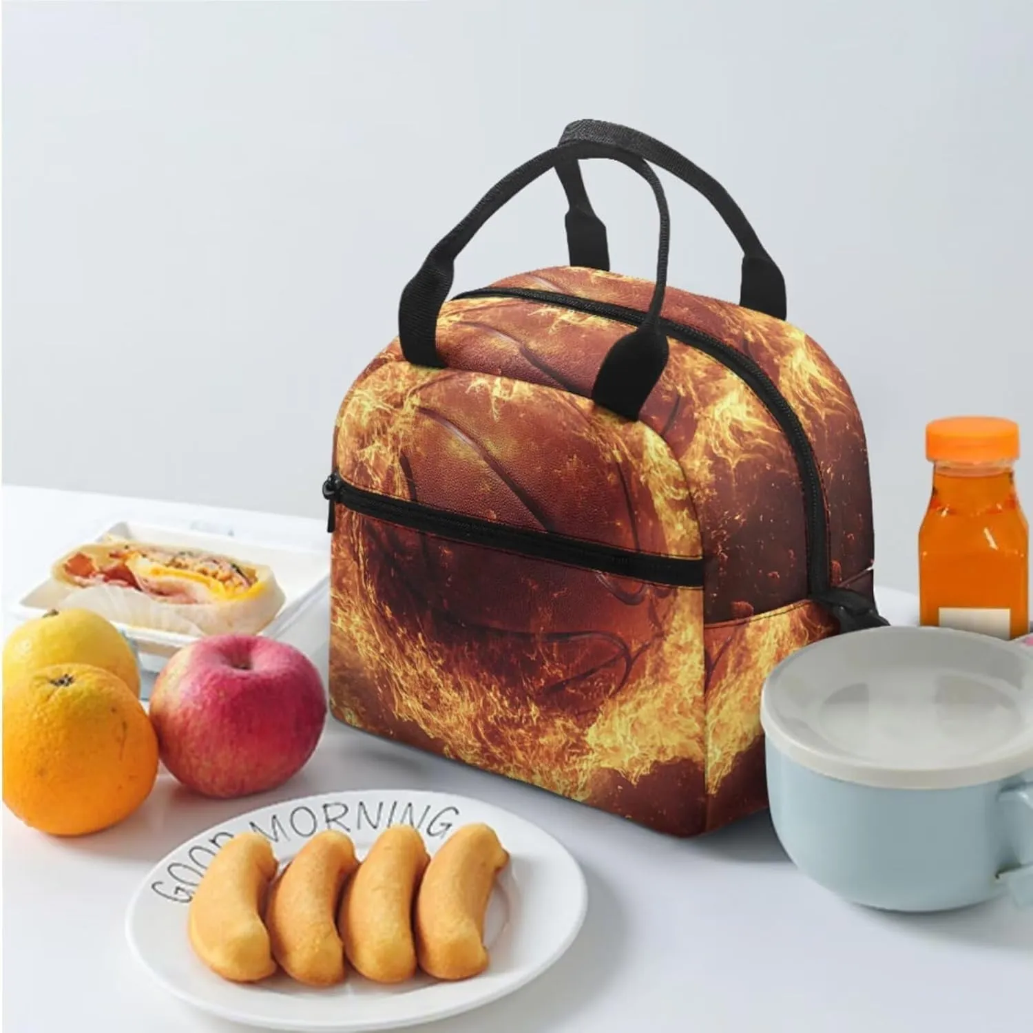 Boys Backpack with Lunch Box Basketball Lightweight Flame Decor Boys Bookbag 10-12 Years Old 3 Piece Versatile Kids Lunch Bags Insulated Ideal for Camping