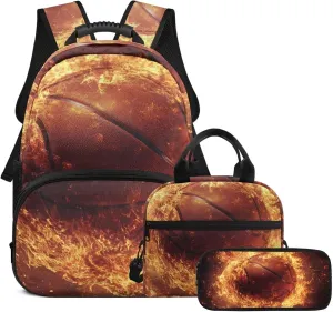 Boys Backpack with Lunch Box Basketball Lightweight Flame Decor Boys Bookbag 10-12 Years Old 3 Piece Versatile Kids Lunch Bags Insulated Ideal for Camping