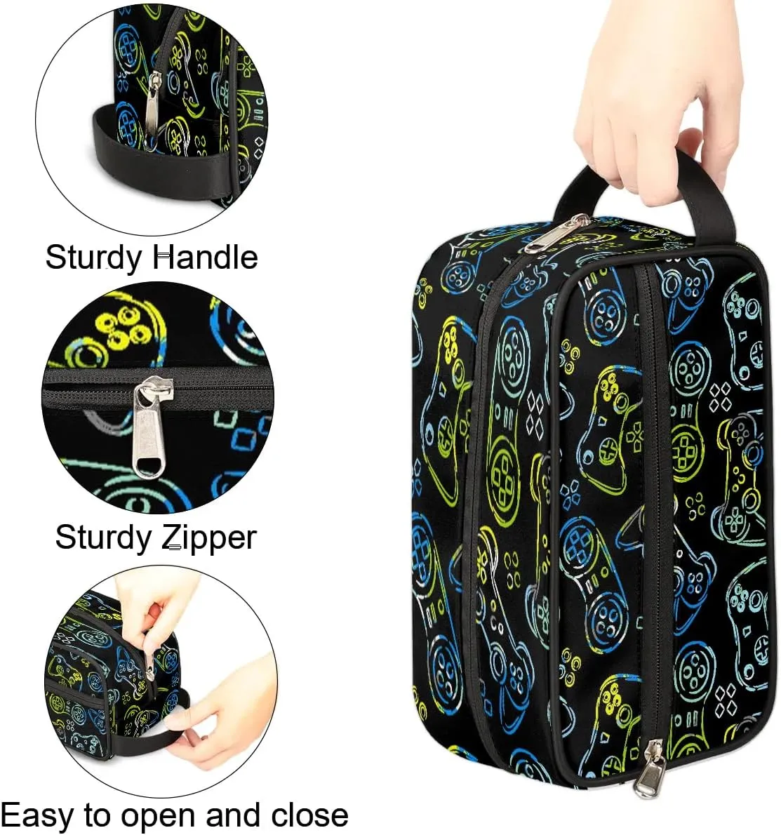 Boys Travel Toiletry Bag Blue Game Controller Kids Waterproof Hanging Dopp Kit, Wash Bag with Large Capacity for Travel, Sports, Shower