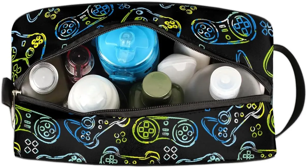 Boys Travel Toiletry Bag Blue Game Controller Kids Waterproof Hanging Dopp Kit, Wash Bag with Large Capacity for Travel, Sports, Shower