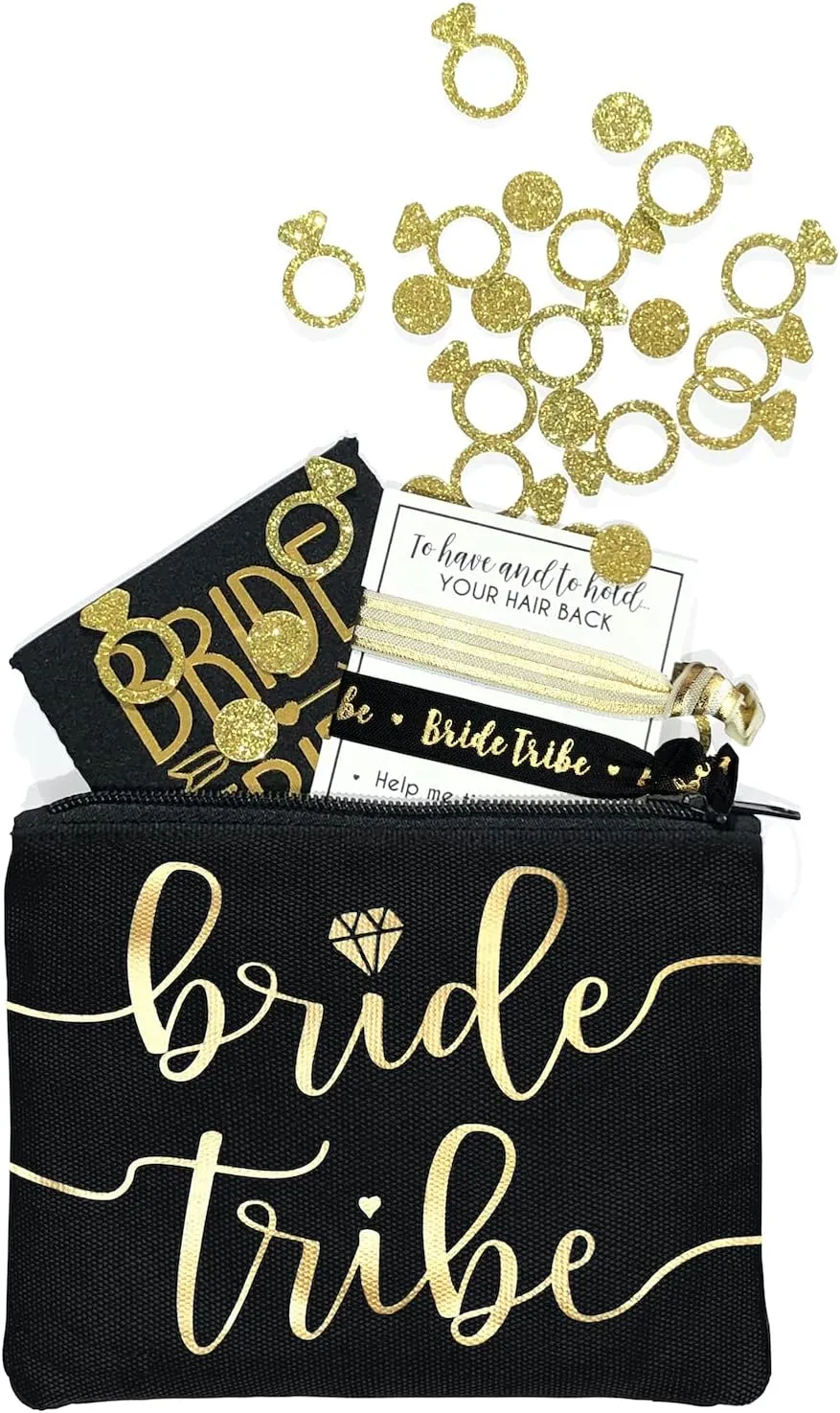 Bride Tribe Makeup Bags - Bridesmaid Favor for Bachelorette Party, Bridal Shower, Wedding. Cosmetics/Toiletries Bag, Wedding Survival Kit, Hangover Kit, Keepsake (1pc Bride Tribe, Black)