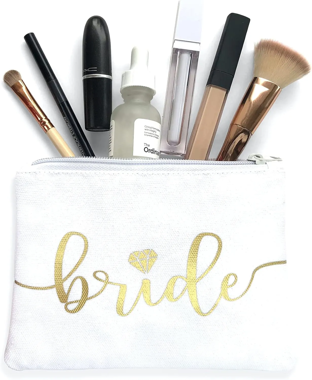 Bride Tribe Makeup Bags - Bridesmaid Favor for Bachelorette Party, Bridal Shower, Wedding. Cosmetics/Toiletries Bag, Wedding Survival Kit, Hangover Kit, Keepsake (1pc Bride, White)