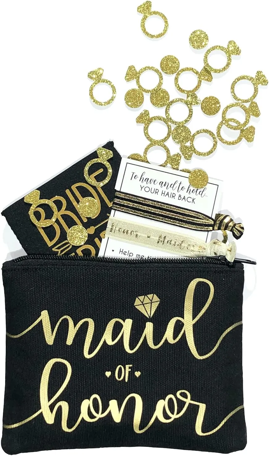Bride Tribe Makeup Bags - Bridesmaid Favor for Bachelorette Party, Bridal Shower, Wedding. Cosmetics/Toiletries Bag, Wedding Survival Kit, Hangover Kit, Keepsake (1pc Maid of Honor, Black)