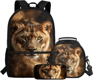 Brown Tiger Boys Backpack with Lunch Box Cool Pattern Insulated Lunch Bag Tote Classic Zippered Pencil Case for School Supplies Versatile Book Bags Set of 3