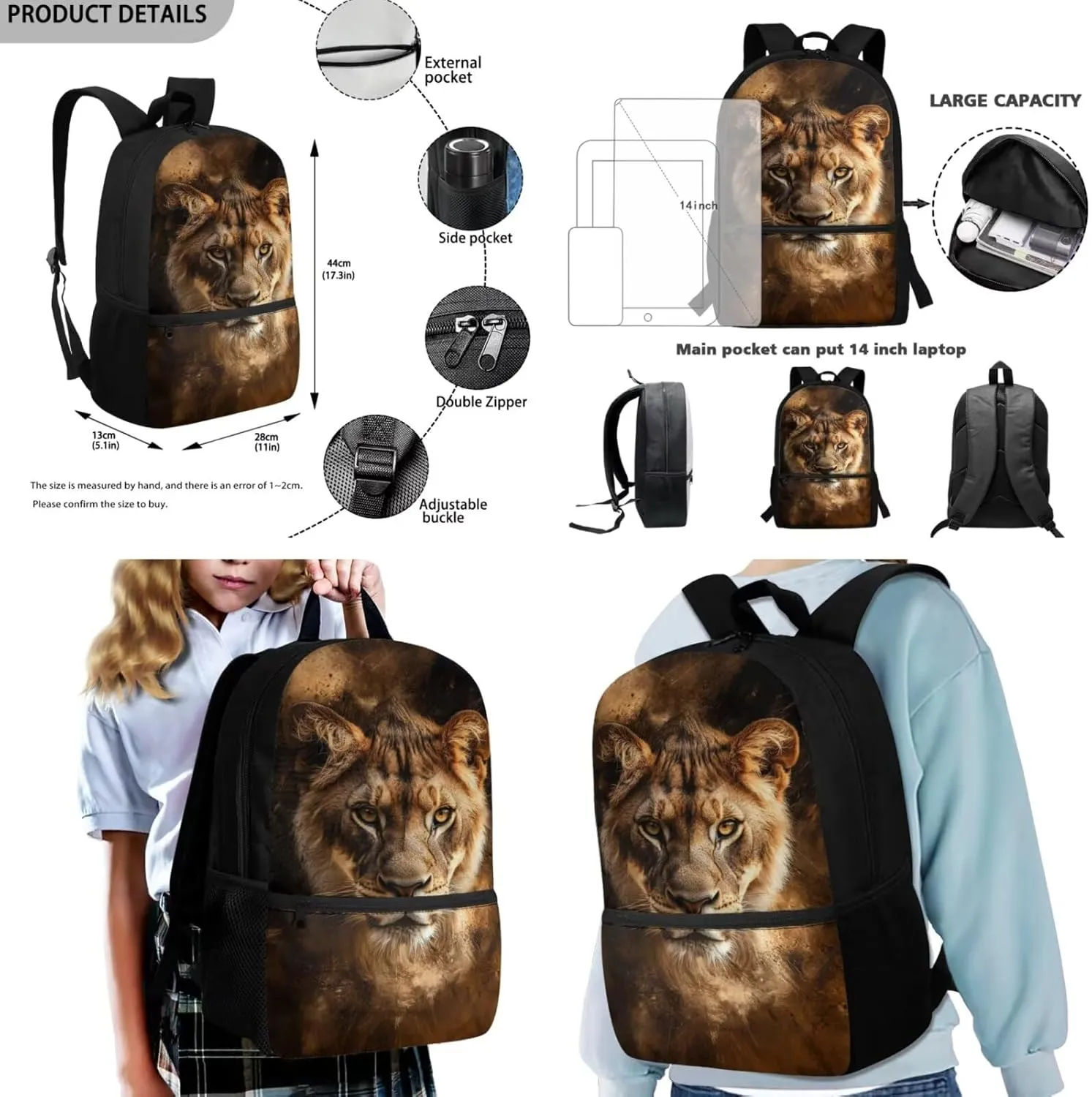 Brown Tiger Boys Backpack with Lunch Box Cool Pattern Insulated Lunch Bag Tote Classic Zippered Pencil Case for School Supplies Versatile Book Bags Set of 3