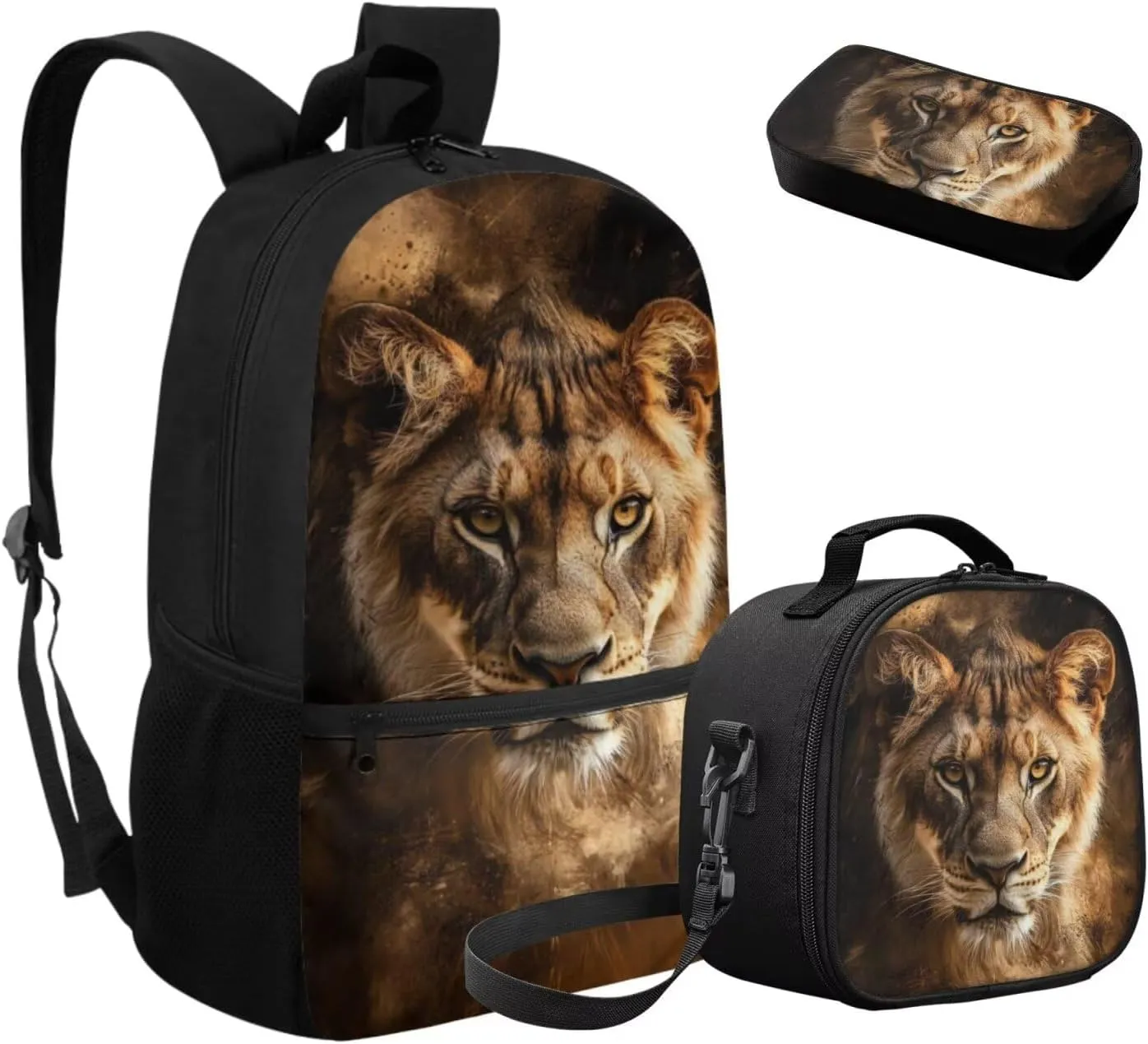 Brown Tiger Boys Backpack with Lunch Box Cool Pattern Insulated Lunch Bag Tote Classic Zippered Pencil Case for School Supplies Versatile Book Bags Set of 3