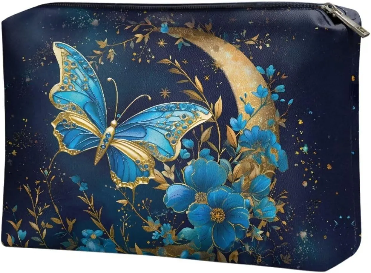 Butterfly Moon Makeup Bag Travel Makeup Bag Organizer PU Leather Portable Versatile Zipper Pouch For Women Durable Lightweight Birthday Gifts for Sisters Friend