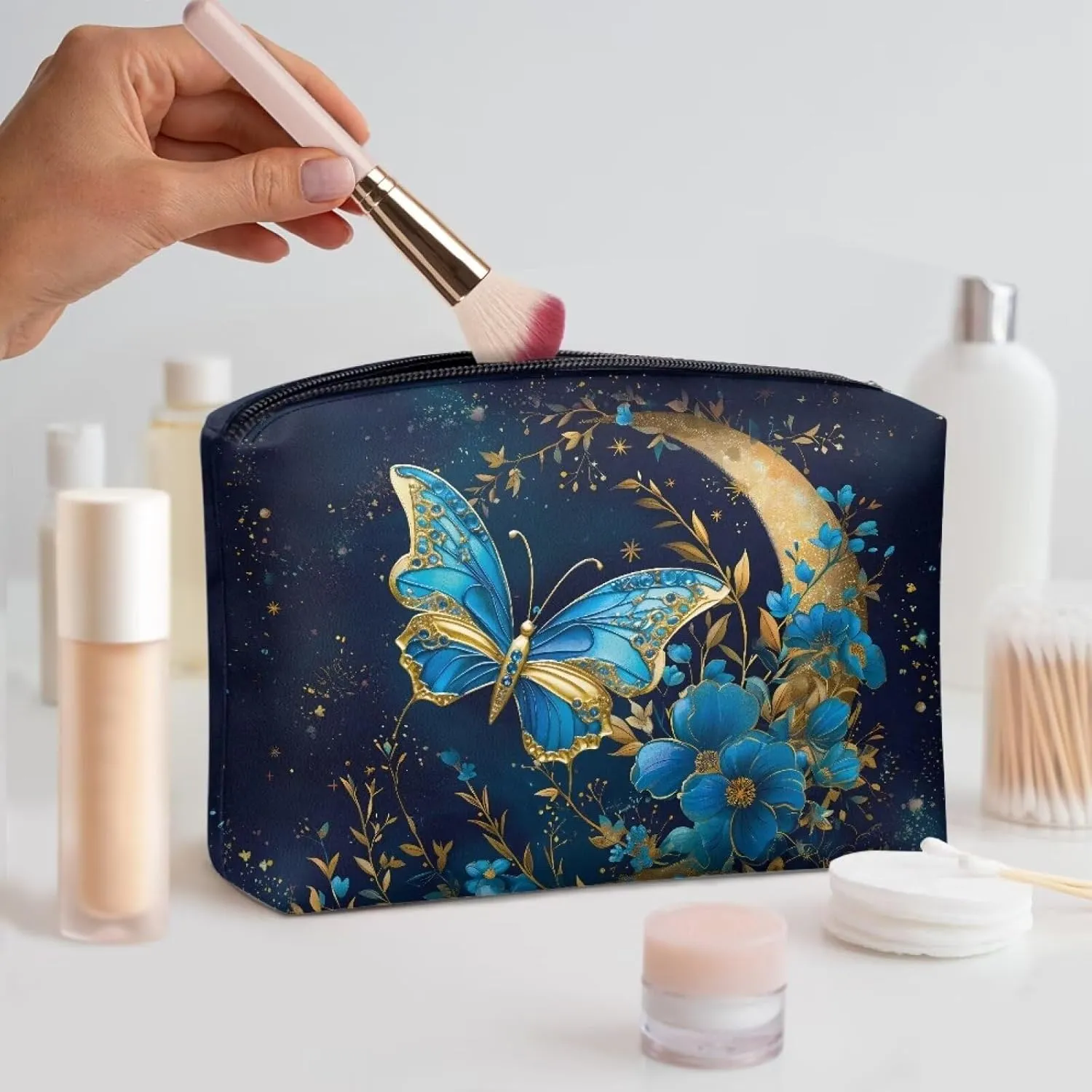 Butterfly Moon Makeup Bag Travel Makeup Bag Organizer PU Leather Portable Versatile Zipper Pouch For Women Durable Lightweight Birthday Gifts for Sisters Friend