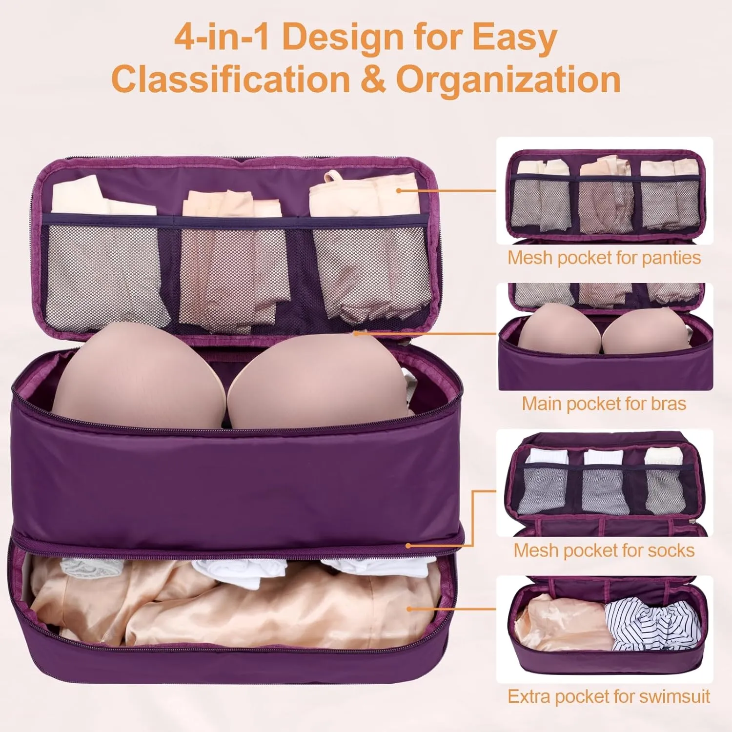 Cambond Travel Underwear Organizer Bag - Lightweight Bra Organizer, Portable Expandable Compression Packing Cubes, Underwear Storage Bag for Women