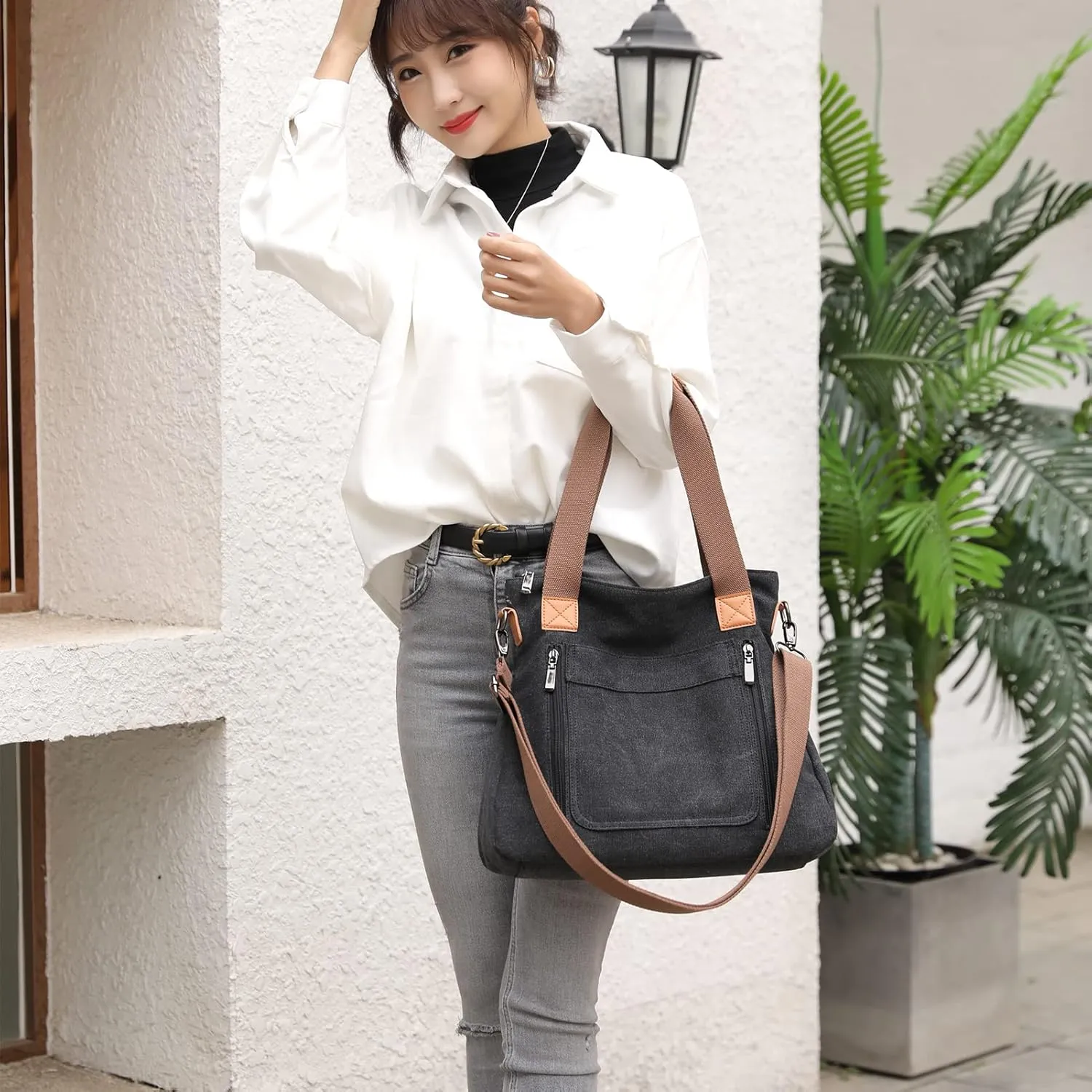 Canvas Crossbody Bags for Women Trendy Tote Purses Work Shoulder Multi-pocket Handbags