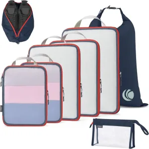 Cipway Compression Packing Cubes Mesh, Lightweight Luggage Organizer Bags with Laundry Bag,Toiletries Bag and Shoe Bag, Travel Essentials for Carry on Suitcase8Pcs,Blue