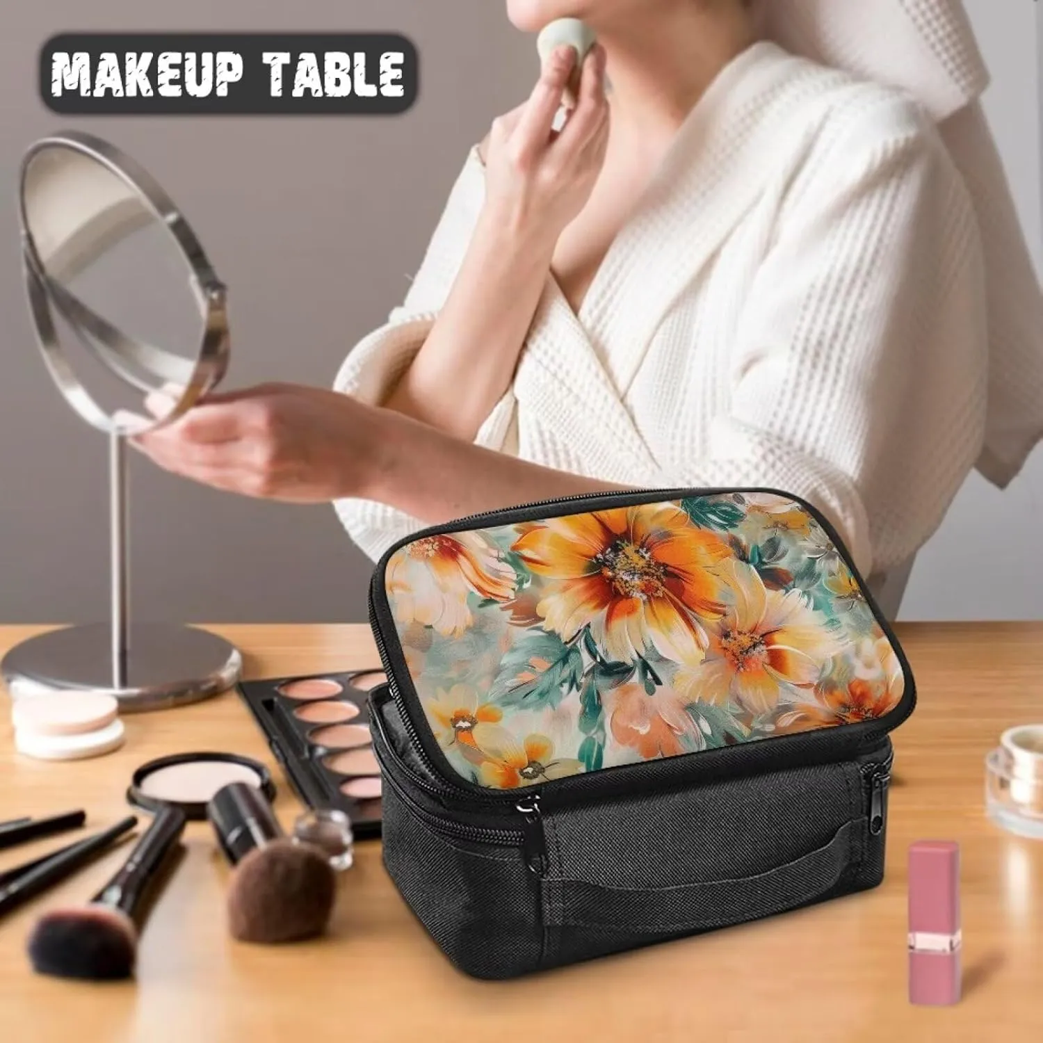 Classic Flower Makeup Bags for Women Makeup Carrying Case Make Up Traveling Organizer Bag with Handle and Divider Hold Concealer,Lipstick,Brushes or Other Small Items
