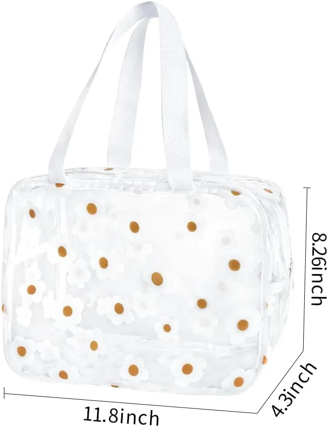 Clear Daisy Printed Cosmetic Bag and LargeTravel Pouch 11.81''x4.33''x8.27'' Size with Handle-Durable PVC Material,Versatile,Zipper Design for Makeup (White Floral#2-L)