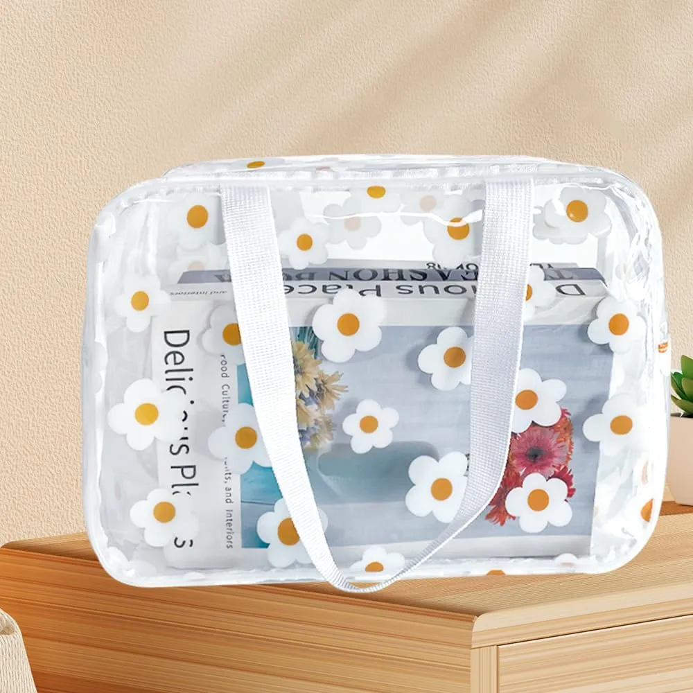 Clear Daisy Printed Cosmetic Bag and LargeTravel Pouch 11.81''x4.33''x8.27'' Size with Handle-Durable PVC Material,Versatile,Zipper Design for Makeup (White Floral#2-L)