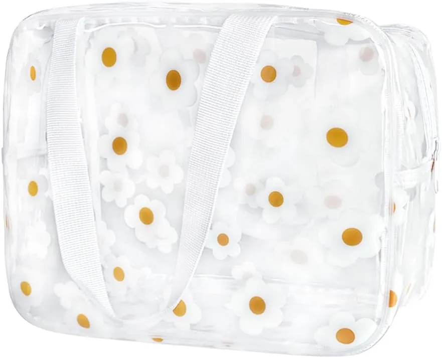 Clear Daisy Printed Cosmetic Bag and LargeTravel Pouch 11.81''x4.33''x8.27'' Size with Handle-Durable PVC Material,Versatile,Zipper Design for Makeup (White Floral#2-L)