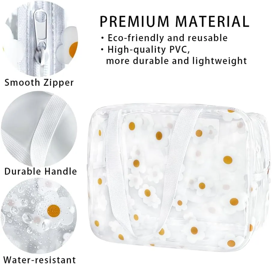 Clear Daisy Printed Cosmetic Bag and LargeTravel Pouch 11.81''x4.33''x8.27'' Size with Handle-Durable PVC Material,Versatile,Zipper Design for Makeup (White Floral#2-L)