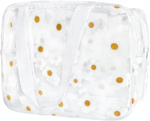 Clear Daisy Printed Cosmetic Bag and LargeTravel Pouch 11.81''x4.33''x8.27'' Size with Handle-Durable PVC Material,Versatile,Zipper Design for Makeup (White Floral#2-L)