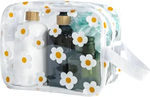 Clear Daisy Printed Cosmetic Bag and Travel Pouch 9.4''x6.69''x3.5'' with Handle-Durable PVC Material,Versatile,Zipper Design for Smooth Sliding-Ideal for Makeup (White Floral#2-M)