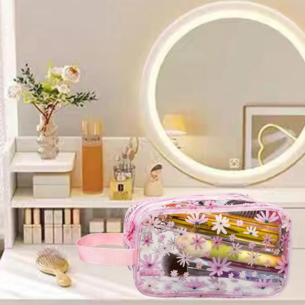 Clear Printed Floral Cosmetic Bag 8.6x2.7x5.9 inch Travel Pouch with Handle-Durable PVC Material,Versatile,Zipper Design for Makeup,Travel Essentials (Pink Floral#3-S)