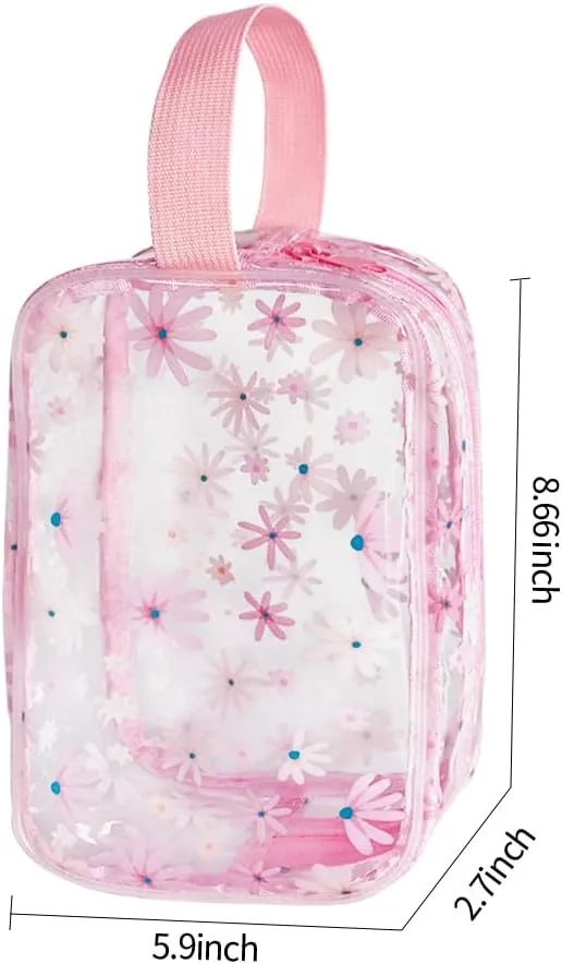 Clear Printed Floral Cosmetic Bag 8.6x2.7x5.9 inch Travel Pouch with Handle-Durable PVC Material,Versatile,Zipper Design for Makeup,Travel Essentials (Pink Floral#3-S)