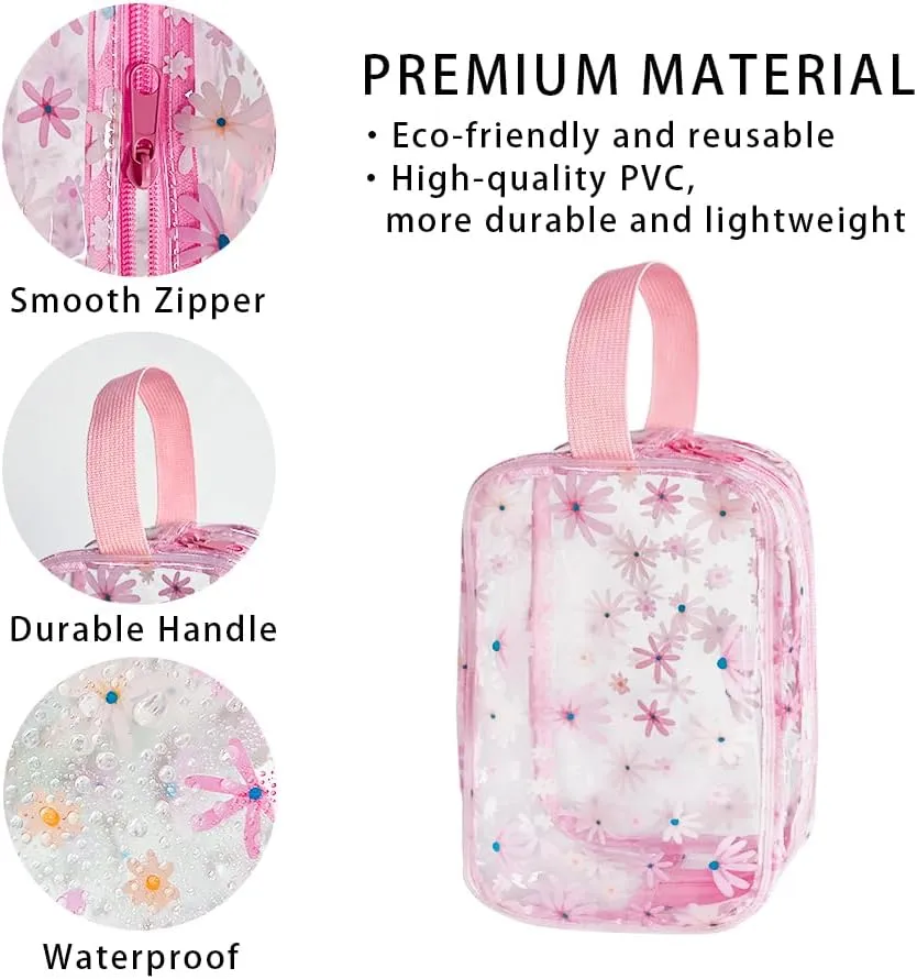 Clear Printed Floral Cosmetic Bag 8.6x2.7x5.9 inch Travel Pouch with Handle-Durable PVC Material,Versatile,Zipper Design for Makeup,Travel Essentials (Pink Floral#3-S)