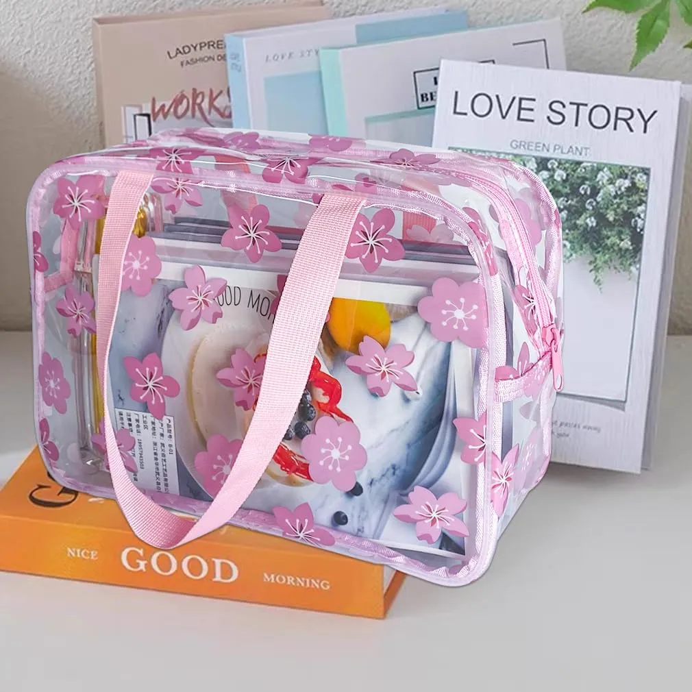 Clear Printed Floral Cosmetic Bag and Travel Pouch with Handle-Durable PVC Material,Versatile,Zipper Design for Smooth Sliding-Ideal for Makeup,Travel Essentials (Pink Floral#1-L)