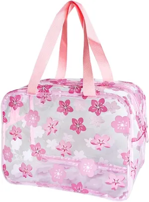 Clear Printed Floral Cosmetic Bag and Travel Pouch with Handle-Durable PVC Material,Versatile,Zipper Design for Smooth Sliding-Ideal for Makeup,Travel Essentials (Pink Floral#1-L)